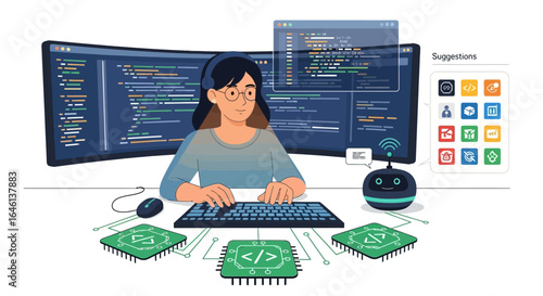 Illustration of a woman programmer working with multiple monitors and a chatbot coding