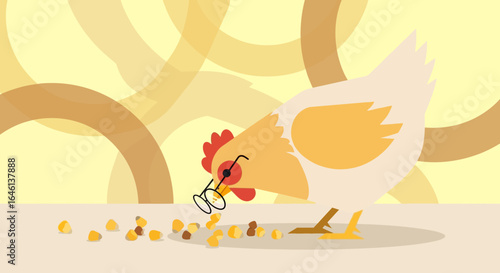 Illustration of a Funny Chicken Wearing Glasses Eating Corn in a Stylized Setting