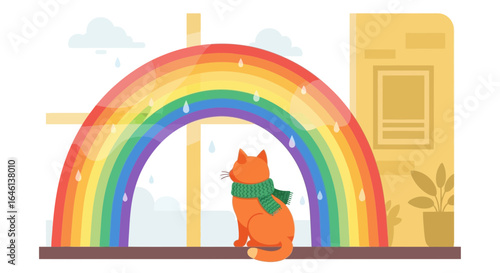Illustration of a ginger cat with a scarf sitting near a window with a rainbow after the rain enjoying the colorful view and cheerful vibes