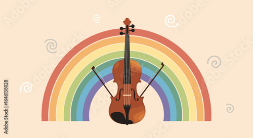 Illustrative violin composition with a bright rainbow backdrop and decorative swirls, creating a whimsical and musical atmosphere