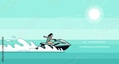 Illustration of a woman riding a jet ski on a sunny day with blue sea background