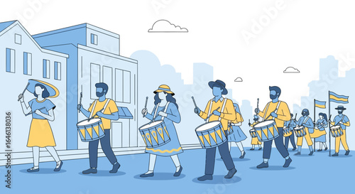 Illustrative vector of a parade of drummers with ukrainian flags in town square scenery