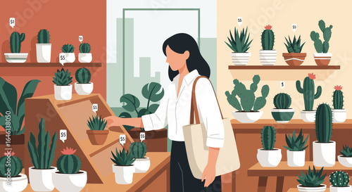 Illustration of a woman shopping for cactuses in a modern plant store aesthetic design