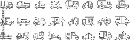 Utility and service trucks icons, construction vehicles, maintenance trucks, tow trucks, garbage trucks, fire trucks, street sweepers, repair vans, work vehicles, industrial transport.
