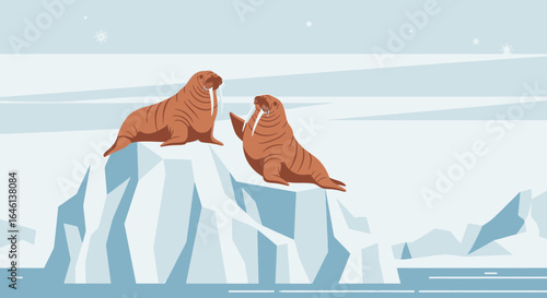 Illustrative Walruses Resting on Icebergs in a Frigid Polar Landscape