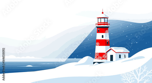 Illustrative winter landscape featuring a red and white lighthouse near the sea