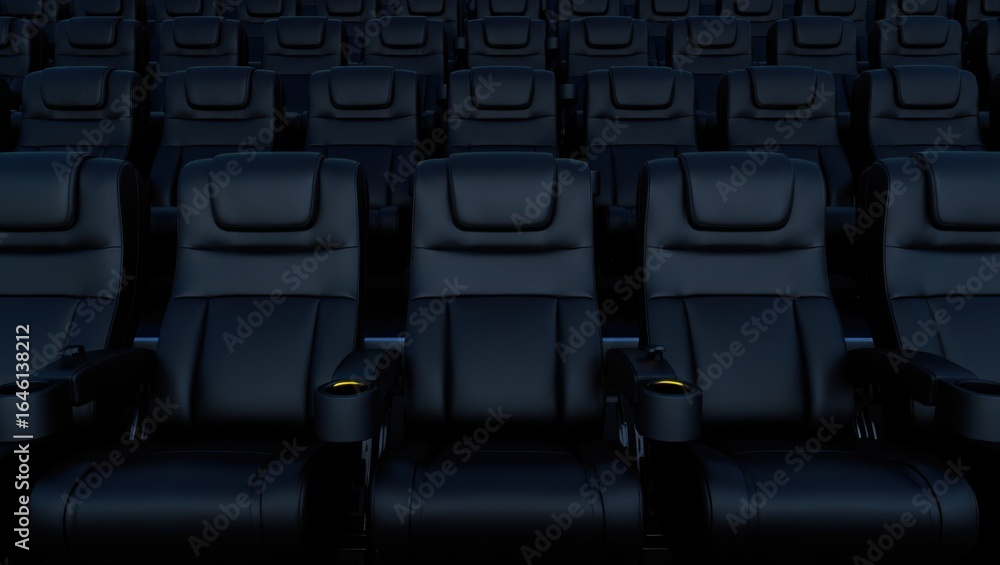 Obraz premium Empty Rows of Luxurious Leather Seats in a Dark Movie Theater Ready for Guests to Enjoy Cinematic Experience and Entertainment