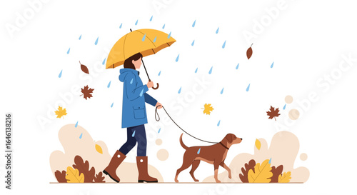 Illustration of a woman walking her dog in the rain under an umbrella vector art