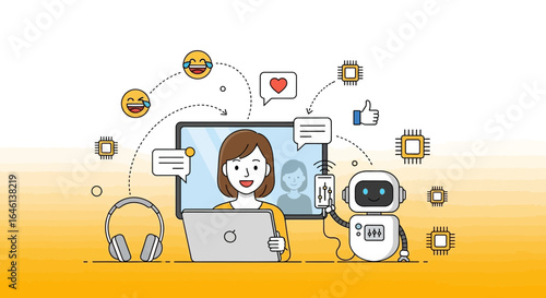 Illustration of a woman using technology with a robot for social media interaction