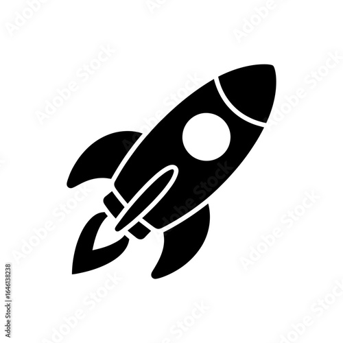Black and white rocket ship illustration soaring upwards towards outer space innovation and exploration icon for startups and space travel concepts