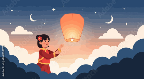 Illustration of a girl launching a sky lantern during a cultural festival at night