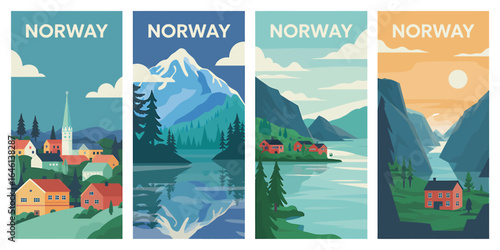 Norway Scenery Collection of Travel Posters Featuring Mountains Fjords and Charming Villages Promoting Tourism and Scenic Destinations
