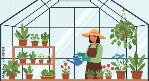 Illustration of a woman watering plants in a greenhouse with natural light and various potted plants displayed on shelves and tables