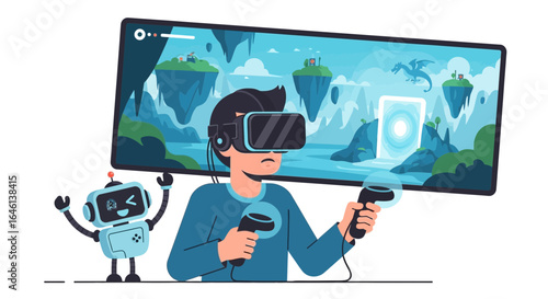 Immersive VR gaming experience with a robot companion in a fantasy world setting