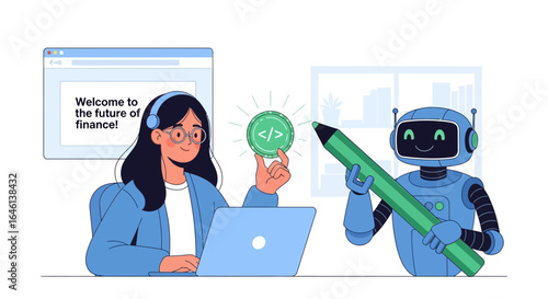 Illustration of a woman working on a laptop and a robot holding a large pencil presenting the future of finance