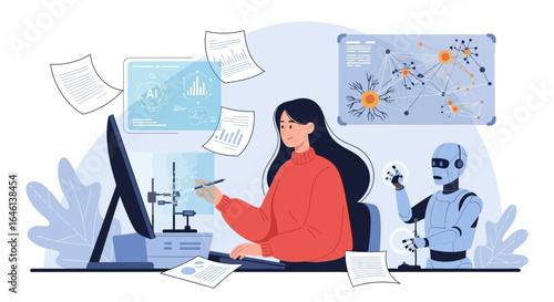 Illustration of a woman working with AI technology alongside a robot assistant in a research lab with graphics and data
