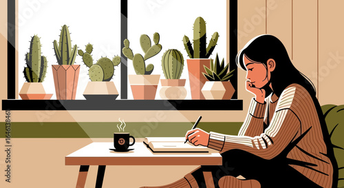 Illustration of a woman writing at a table with coffee and cacti by the window creating a cozy and serene atmosphere