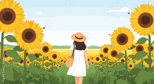 Illustration of a girl walking through a vibrant sunflower field in the summer enjoying nature
