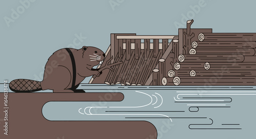 Industrious Beaver Building a Dam in the River Ecosystem Environment Illustration