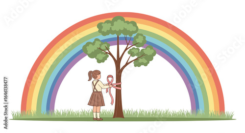 Illustration of a girl tying a ribbon around a tree beneath a vibrant rainbow  representing hope and support