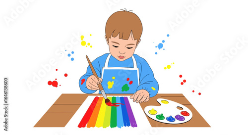 Illustration of a young artist engrossed in painting a vibrant rainbow on paper