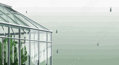 Illustration of a greenhouse with plants inside on a rainy day creating a serene atmosphere