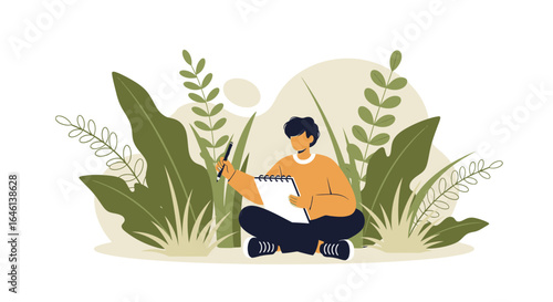 Illustration of a young artist sketching in nature surrounded by lush greenery and plants offering a creative outdoor ambiance