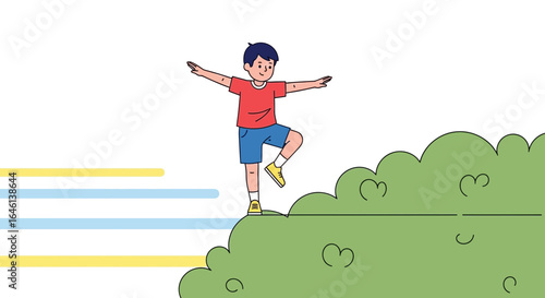 Illustration of a young boy balancing on a grassy hill with arms outstretched for a playful cartoon vibe  reminiscent of childhood games