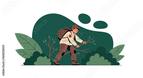 Illustration of a young backpacker collecting firewood in a green and leafy forest setting representing outdoor adventures and camping