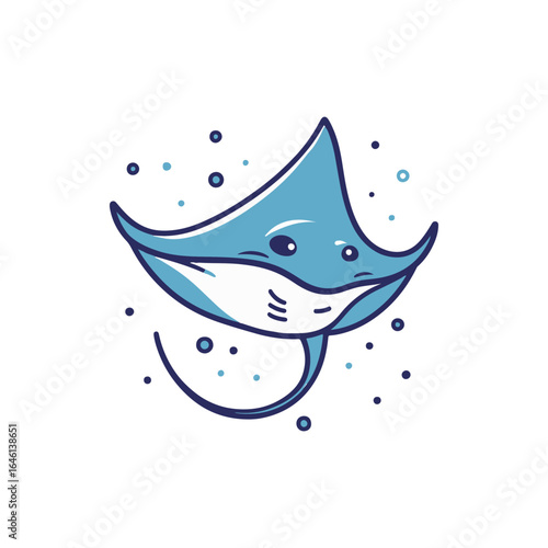 Playful manta ray swimming gracefully through a vibrant underwater scene filled with bubbles