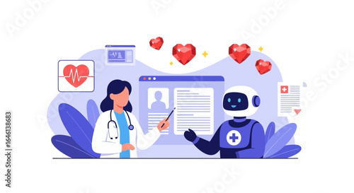 Innovative healthcare solution with a doctor and a robot consulting patient data collaboratively