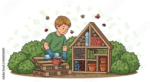 Illustration of a young boy building an insect hotel in a backyard garden cartoon style