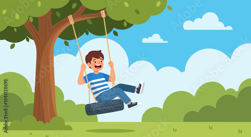 Illustration of a happy boy enjoying a tire swing under a tree on a sunny day