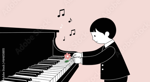 Illustration of a young boy playing the piano with a flower and musical notes elegance