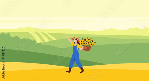 Illustration of a happy farmer girl carrying sunflowers in a rural landscape filled with greenery during summertime