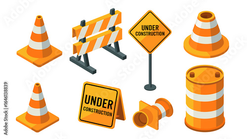 Isometric Construction Equipment and Road Work Signs Illustration of Traffic Cones Barricade and Warning Signs for Highway Safety