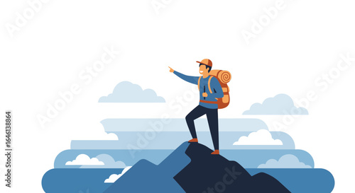 Illustration of a happy hiker reaching the summit of a mountain achievement