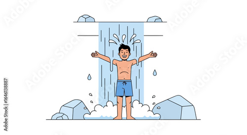 Illustration of a happy man enjoying a refreshing shower under a waterfall