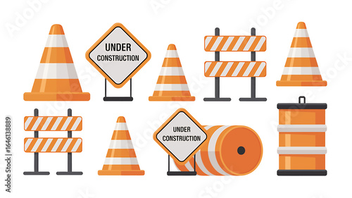 Construction Site Safety Equipment Collection Vector Illustration Orange Traffic Cones Barriers and Signs Alerting Drivers of Roadwork and Potential Hazards