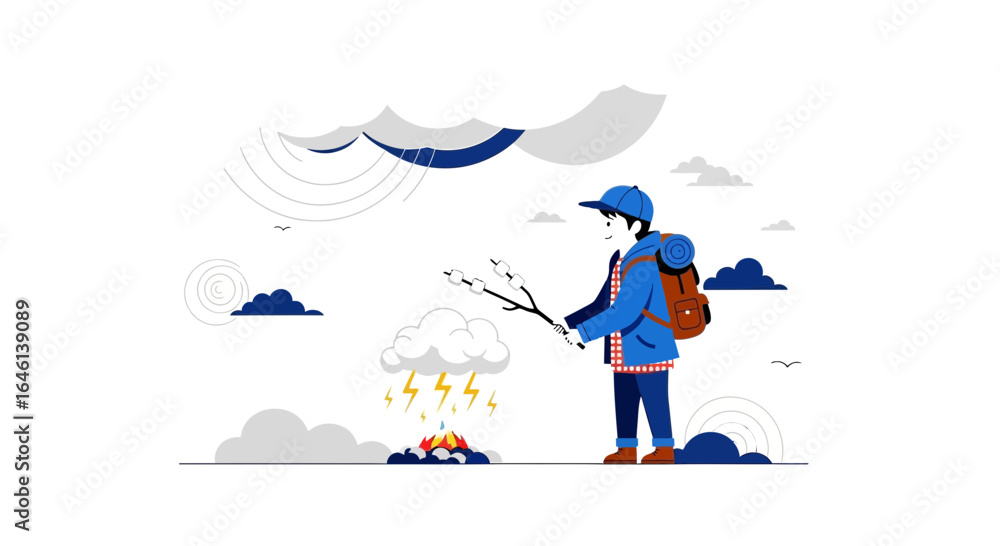 Fototapeta premium Illustration of a hiker roasting marshmallows during a thunderstorm in nature