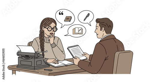 Interview with an author at their desk with a vintage typewriter illustration