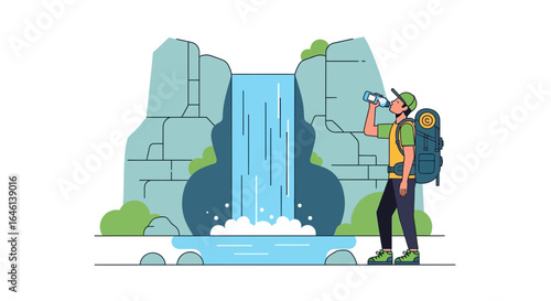 Illustration of a hiker drinking water near a majestic waterfall in nature scenery