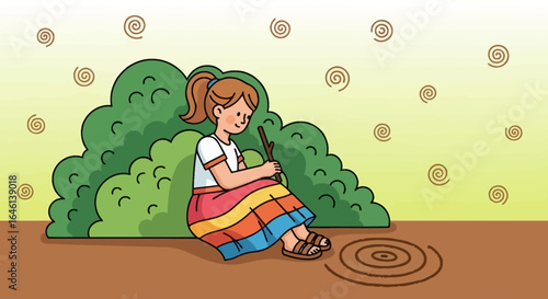 Illustration of a young girl sitting next to a bush with a stick in her hands near a circle