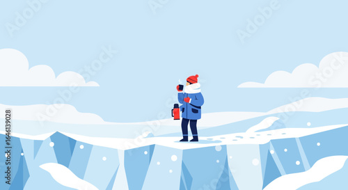 Illustration of a Hiker enjoying a hot drink in a snowy winter landscape scene