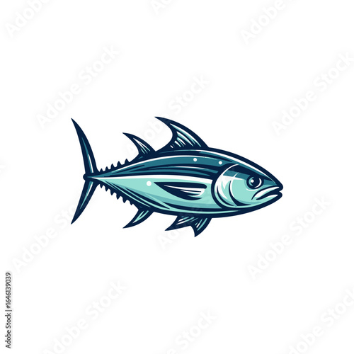 Stylized illustration of a tuna fish swimming, showcasing vibrant colors and detailed fins, set against a plain background