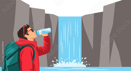 Illustration of a hiker drinking water near a waterfall in a mountainous landscape showing hydration and outdoor adventure