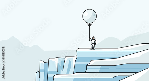 Isolated Arctic Explorer Holding a Balloon on Glacier Cliff Illustration