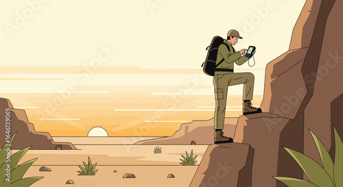 Illustration of a hiker in a desert landscape using a GPS device at sunset exploration