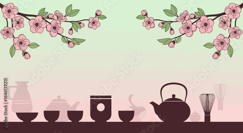 Japanese tea ceremony invitation with cherry blossom branches and tea equipment background vector illustration