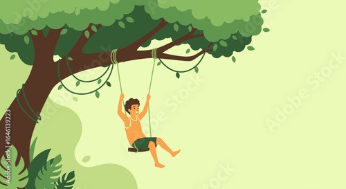 Illustration of a joyful boy swinging on a rope swing beneath a lush green tree, evoking carefree summer days and nature filled childhood